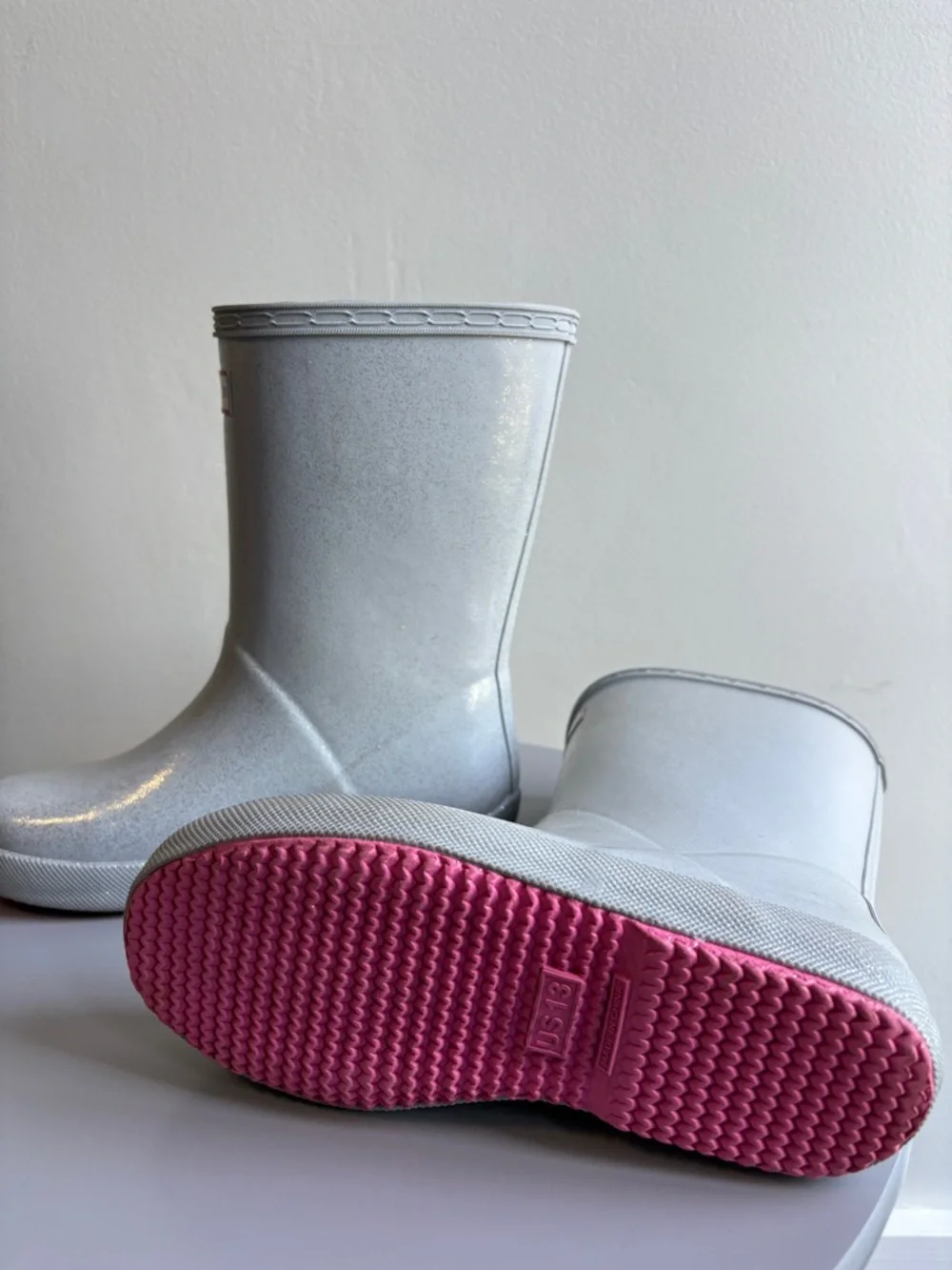 Hunter Rain Boots, Sparkly Silver w Pink Soles. Size 13. Like New